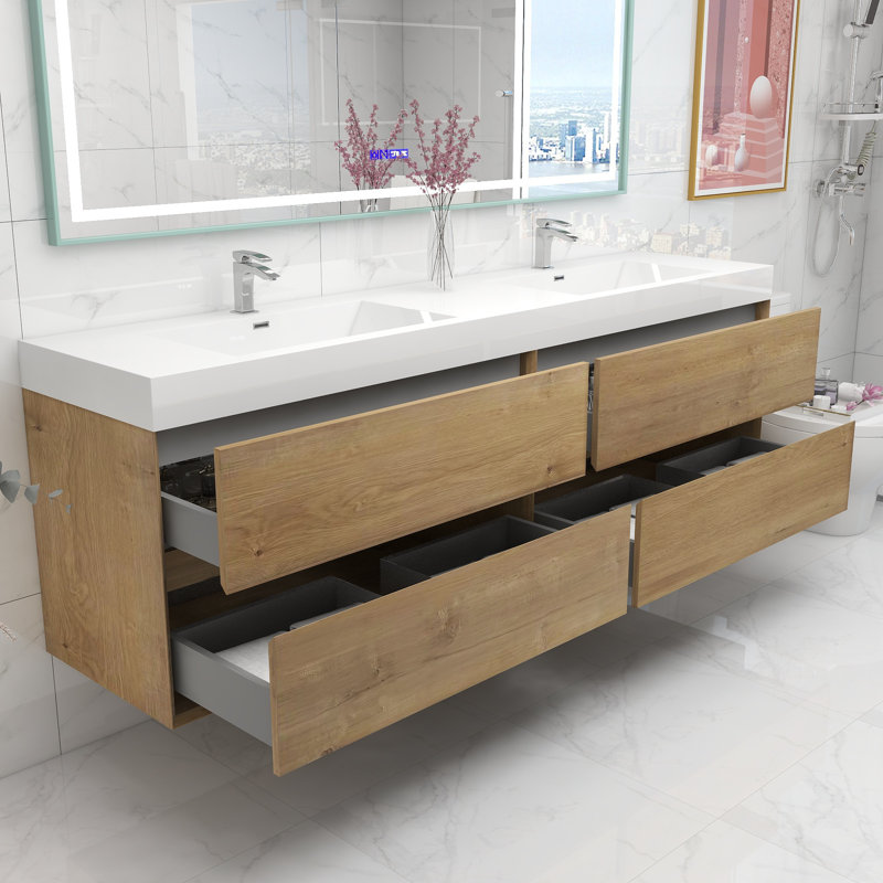 Ensemble de meuble-lavabo mural double l 83 po Loulietta, Chêne foncé