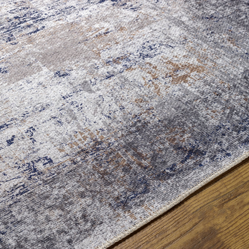 Tapis bleu foncé / brun moyen lavable Owings, Tapis de couloir 2 pi 7 po x 7 pi 10 po