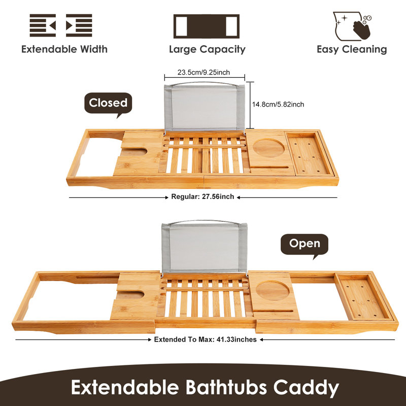  Plateau de plateau de bain Plateau de salle de bain en bambou fabriqué Tablette de lecture extensible Support de tablette Tablette Porte-verres à vin Tablette Bureau