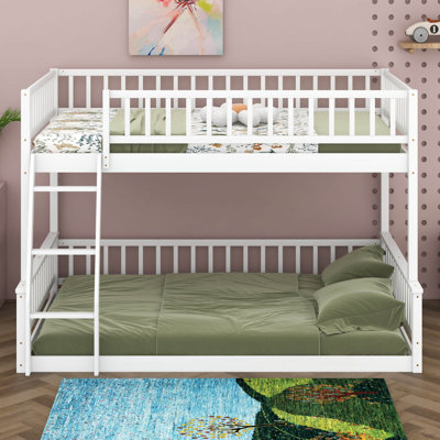 Full XL Over Queen Bunk Bed, Floor Bunk Bed Frame With Ladder And Safety Guardrails, No Box Spring Needed