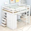 Lit mezzanine double en bois avec garde-robe intégrée, bureau, tablettes et tiroirs, blanc