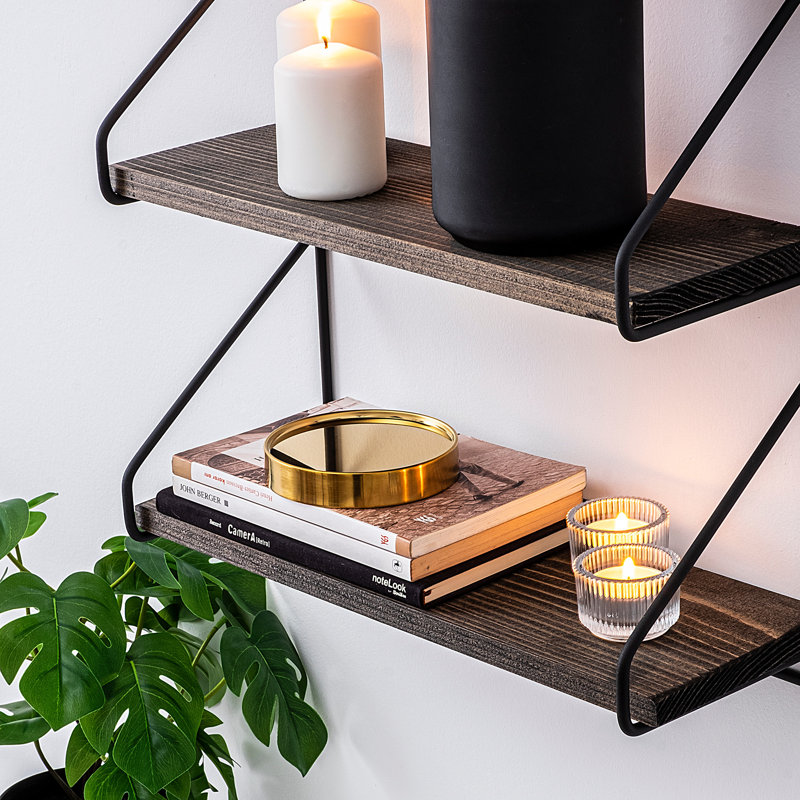 Modern Wall Shelf Set (3 Pieces), Black & Walnut, 23.6 x 5.5 x 5.9 Inches | 100% Spruce Wood & Metal Frame, Thickness: 0.6 in & 0.2 in | Stylish Industrial Design, Perfect for Home or Office Decor, Holds Up to 8.8 lbs