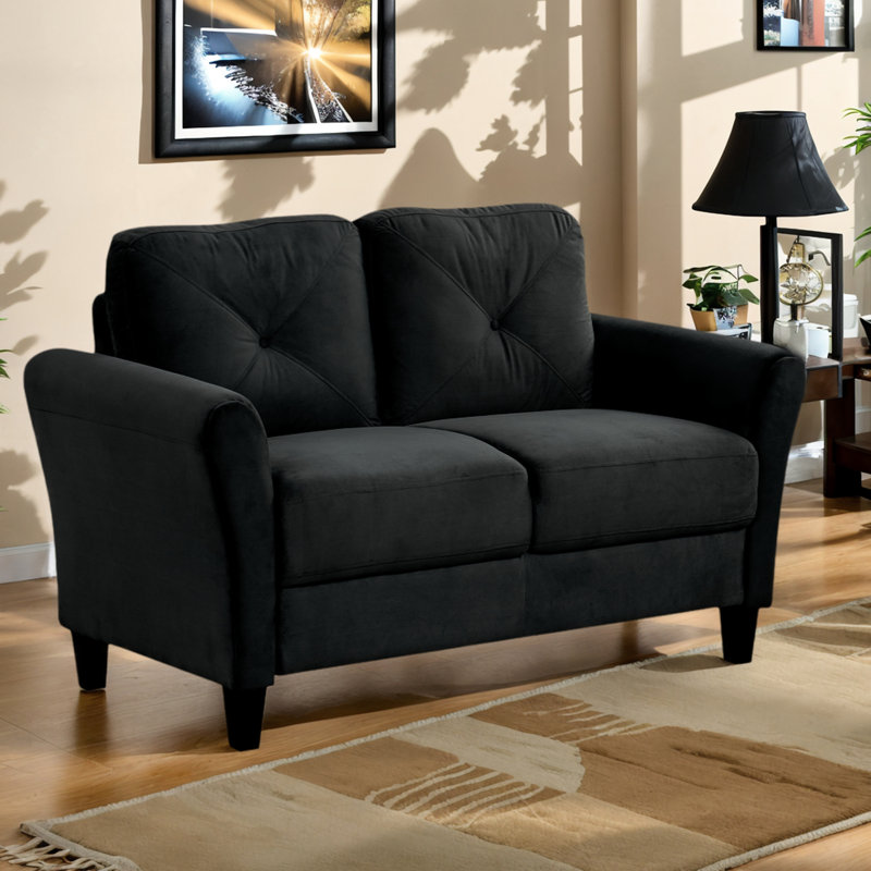 Canapé modulaire confortable en velours noir à 2 places pour la chambre à coucher ou le bureau, avec structure en bois franc, coussins de soutien en mousse et poupée en coton à accoudoir droit légèrement incliné