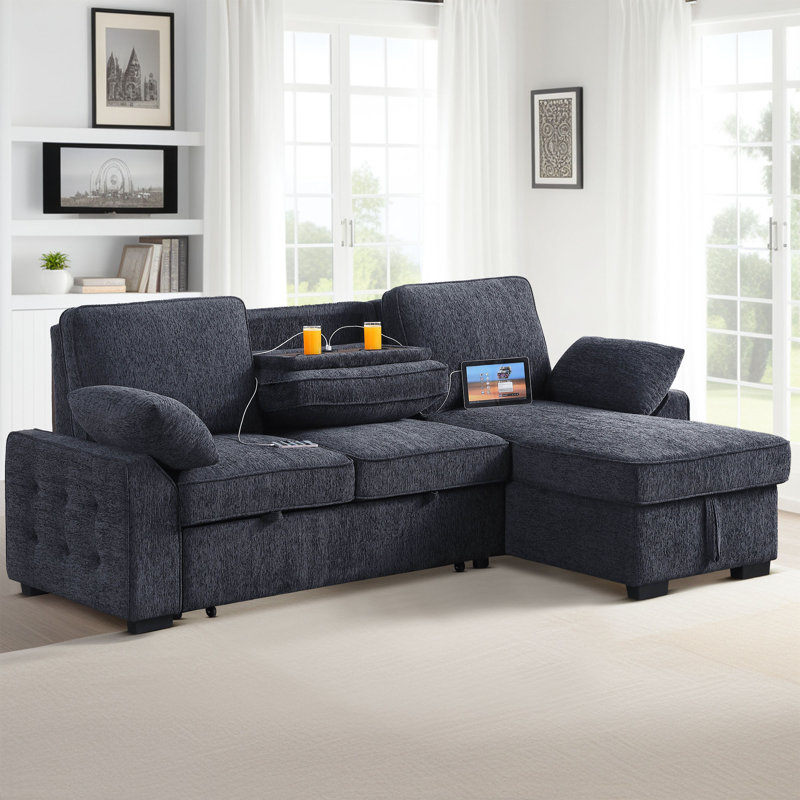 Canapé-lit modulaire convertible de 91 po avec lit escamotable et méridienne avec rangement, Mélange de polyester gris foncé