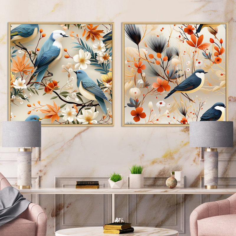 Collage Maelyss Birds On Branch, Cadre flottant brun, H 36 po x l 73 po