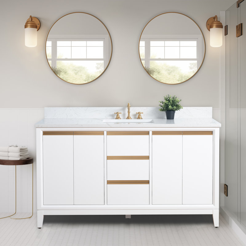 Meuble-lavabo double 60 po avec comptoir, Blanc, Simple , 60"
