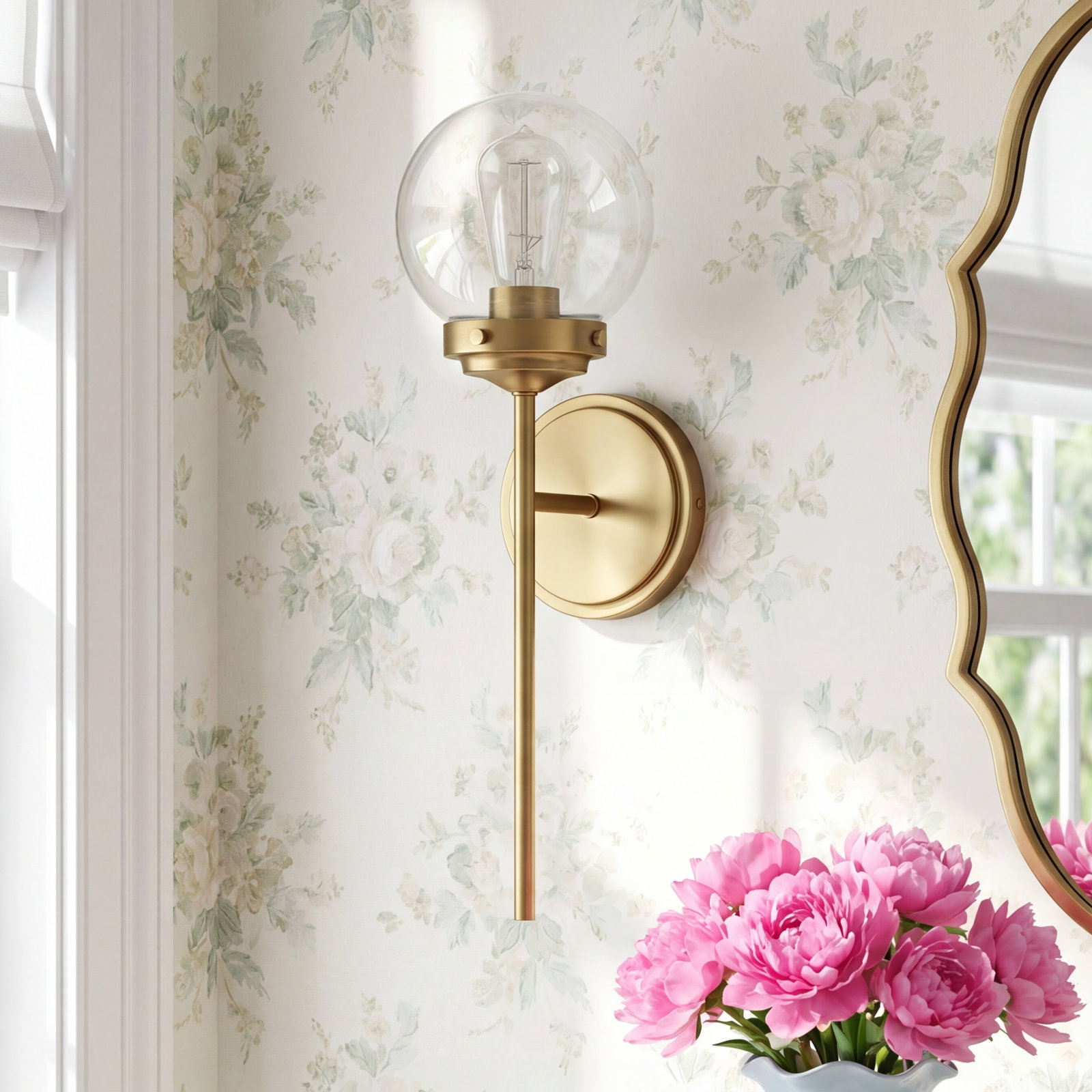 Aiden Single Light Dimmable Armed Sconce, Natural Brass