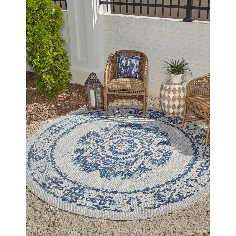 Tapis oriental bleu / gris Cowell, Rond 4 pi 1 po