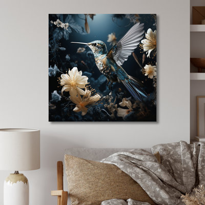 «Midnight Floral Bird Melody 1 - Colibri», art mural en métal