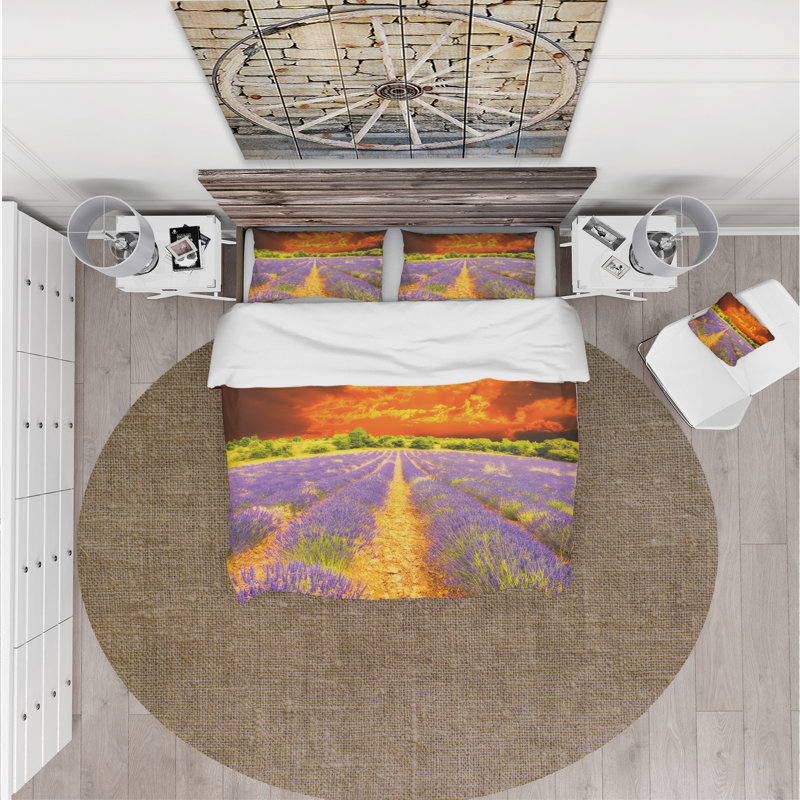 Magnifique champ de lavande et coucher de soleil - ensemble de housse de couette floral - microfibre de polyester
