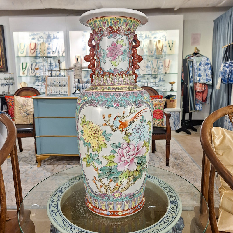 Vase pivoine et oiseau Famille Rose