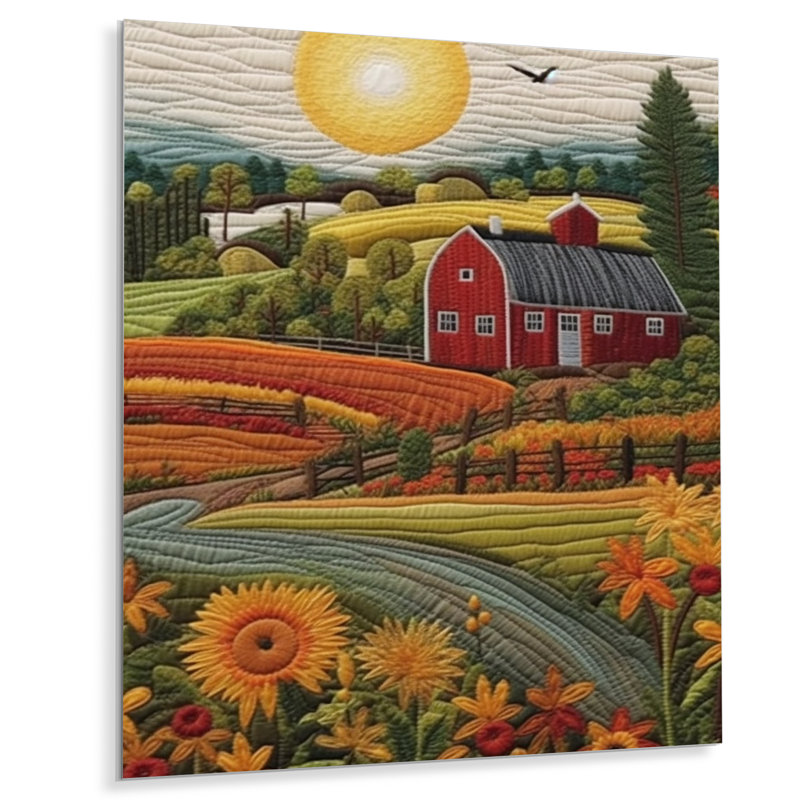 Tournesol champ rouge Bard vert campagne - ferme, art mural salon, Métal métal, H 40 po x l 30 po x P 1,5 po