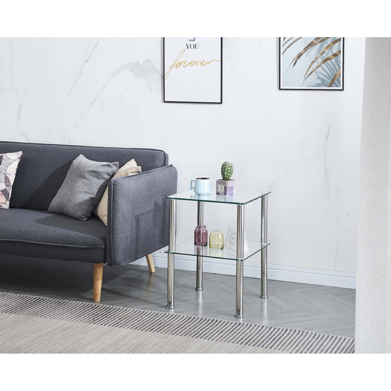 Ensemble de 2 tables d'appoint transparentes à 2 niveaux, table de chevet moderne et canapé avec tablette de rangement pour divers espaces de vie