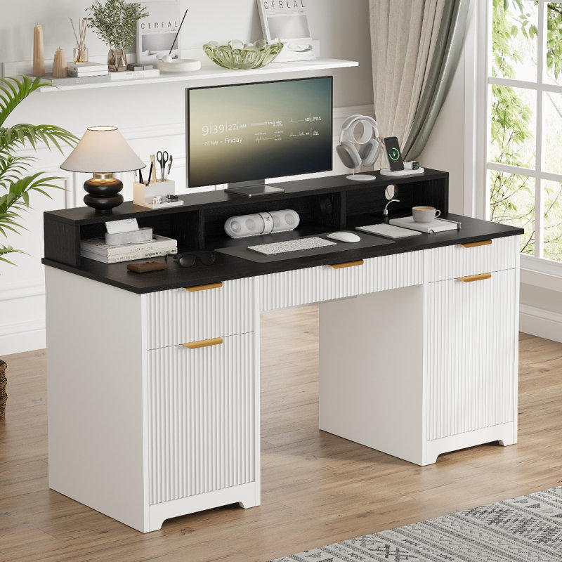 Table d'ordinateur de bureau de direction avec prises de courant et support pour moniteur, bureau d'écriture avec tiroir de rangement pour clavier et classeurs pour bureau personnel
