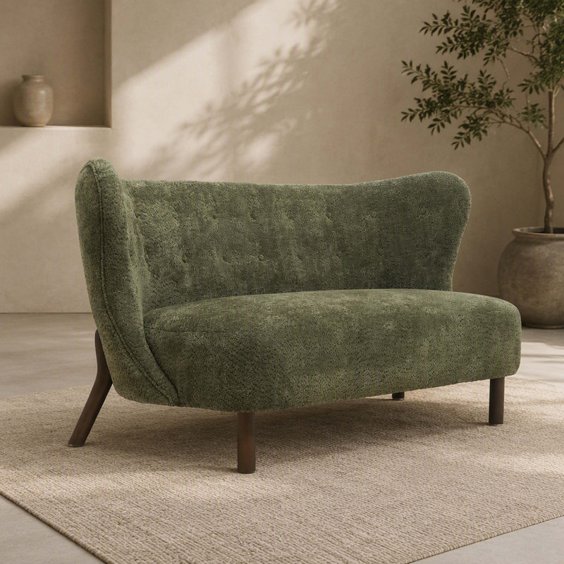 Canapé deux places sans accoudoirs de style nordique, dossier incurvé en tissu chenille, 147 cm, orné de boutons décoratifs au dos, idéal pour le salon, le bureau ou la salle de détente, vert olive.