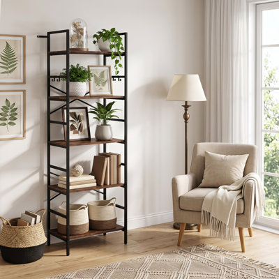 5-Tier Bookshelf, 5 Tier Industrial Bookcase, Standing Bookshelves, Tall Display Rack with Steel Frame for Living Room, Bedroom, 11.8 x 16.1 x 61 Inches, Rustic Brown