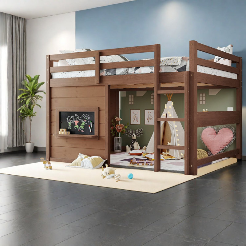 Lit mezzanine double peu encombrant, maisonnette rustique en panneau de fibres à densité moyenne pour chambre d'enfant