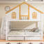 Lit superposé simple pour enfants, bois massif blanc et naturel et panneau de fibres à densité moyenne, structure de maison avec escalier de rangement