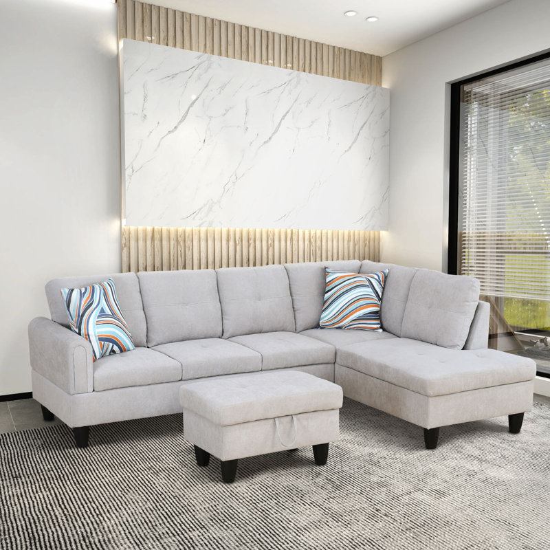 Ensemble de canapé modulaire en tissu gris clair avec repose-pieds 3 pièces, Flanelle grise et blanche