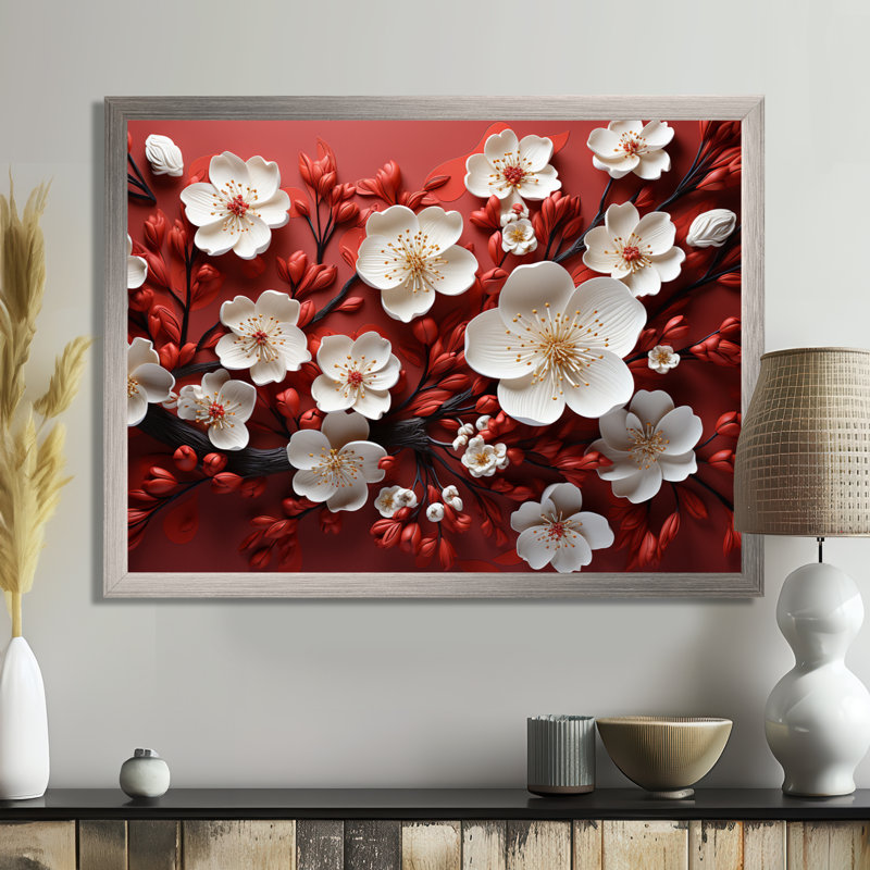 Branches de fleurs d'orchidées blanches et rouges I - Art abstrait floral encadré, H 12 po x l 20 po x P 1 po