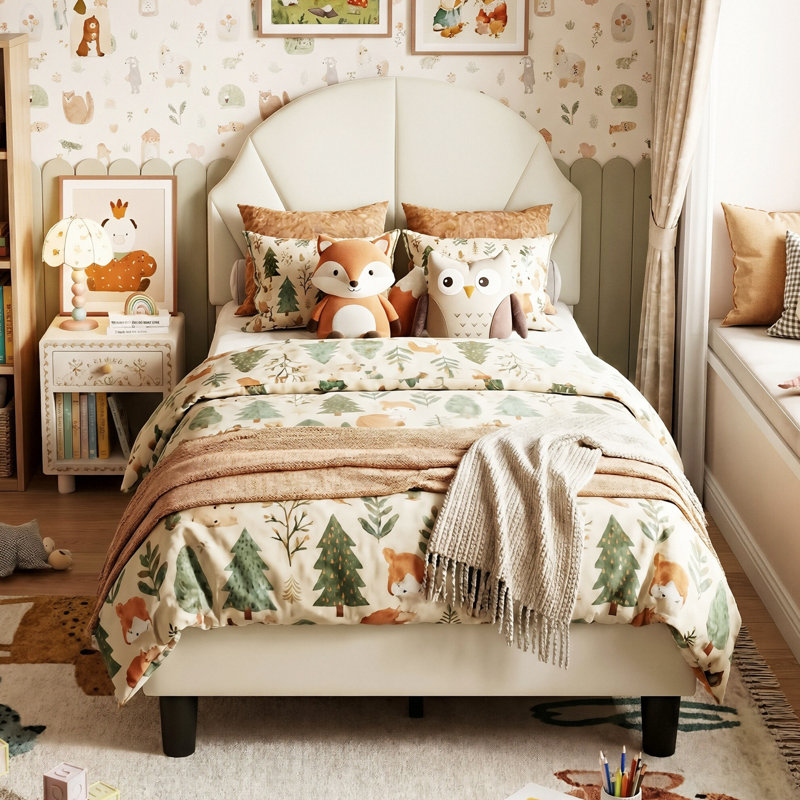 EU & UK Size Kids Velvet Bed Frame, Scalloped Shell Upholstery Bed with Height-Adjustable Headboard, Beige