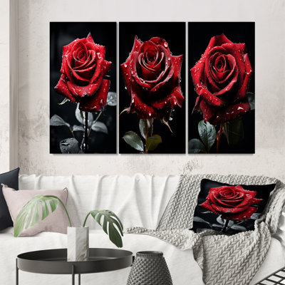 «Red Black Rose Elegance», 3 pièces sur toile