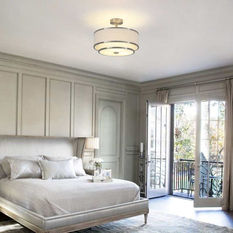 Semi Flush Mount Ceiling Light Fixture, Modern Light Fixtures Ceiling Mount with Fabric Shade, 3-Light Double Drum Lighting Fixtures Close to Ceiling Light for Bedroom