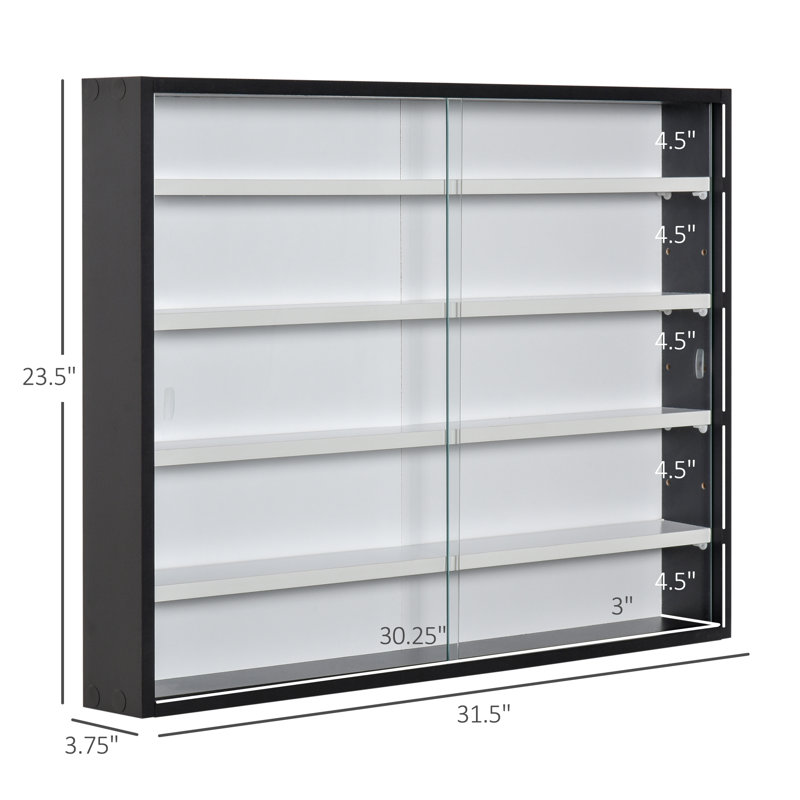 Vitrine murale à 5 niveaux avec 4 tablettes ajustables, noire