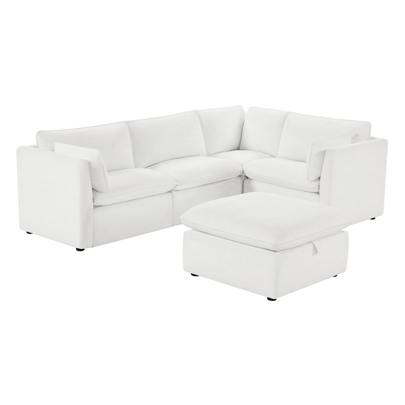 Modular Power Sectional With Ottoman, White Polyester
