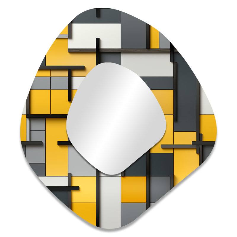 Yellow And Grey Geometric Blocks Harmony - Geometric Unique Shape Large Mirror, Modern Asymmetrical Unique Wall Mirror Decor, Printed Metal Art
