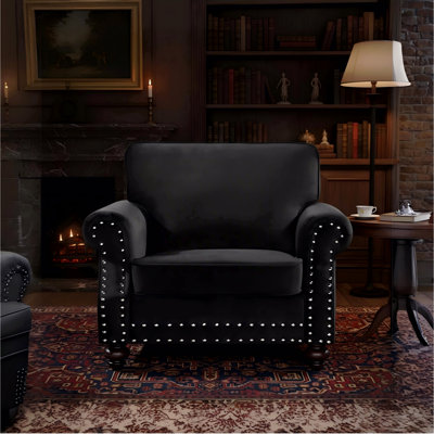 Classic Nailhead Trim Velvet Accent Chair With Solid Wood Turned Legs, Traditional Upholstered Armchair For Living Room