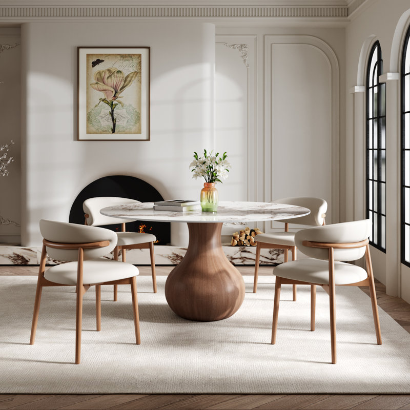 Otelia 7PCS Round Dining Table Chairs Set, Brun, Ensemble de cinq pièces : table, quatre chaises