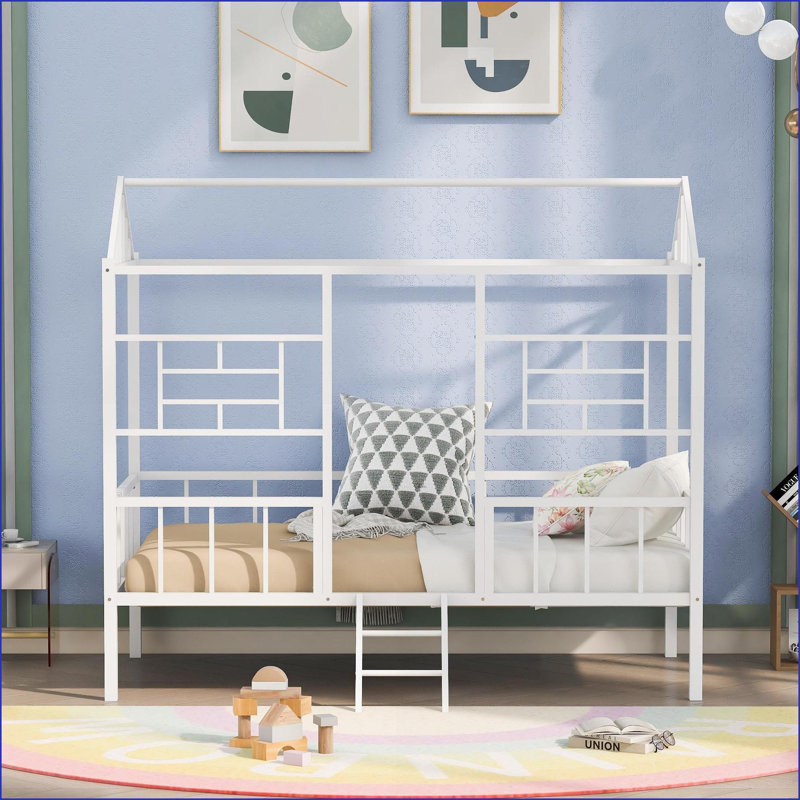 Structure de lit simple en métal avec support à lattes - aucun sommier nécessaire, blanc pour chambre d'enfant / chambre d'amis