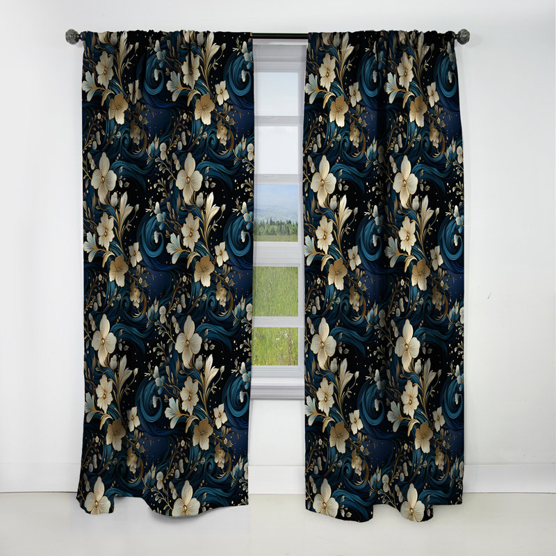 Bleu minuit et motif floral en marbre doré I - Rideau occultant en marbre abstrait - 1 panneau, L 52 po x L 63 po