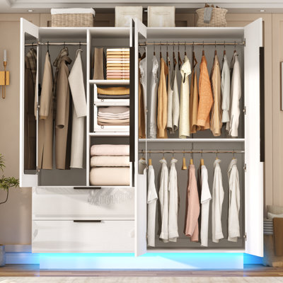 70"H 4 Door High Gloss Armoire with 2 Mirrors, LED Lighting, 2 Drawers, 63" Wide Freestanding Wardrobe Closet with Hanging Rod & Shelves