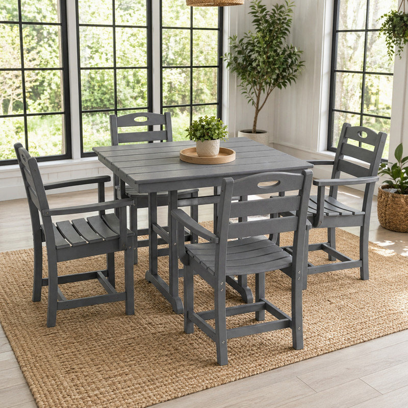 Ensemble de salle à manger d'extérieur en PEHD gris, 5 pièces, table carrée et 4 fauteuils
