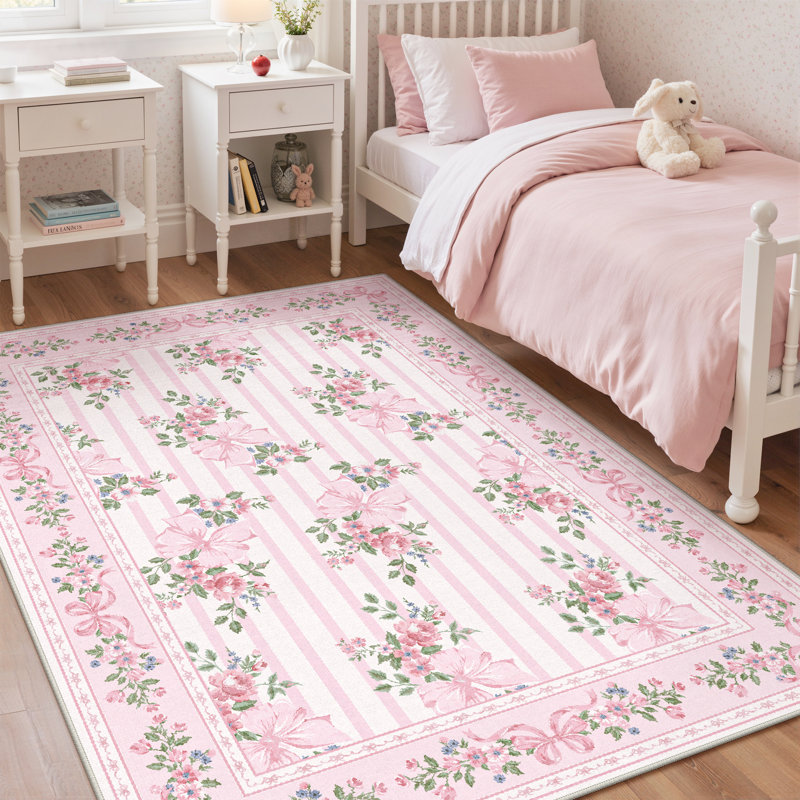 Bloomere Floral Machine Washable Blush Bow Indoor Area Rug With Non-Slip Backing, Rectangle 5' x 7'