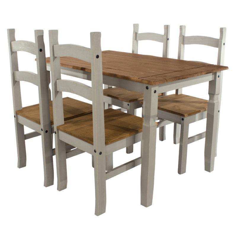 Nolea 4 - Person Pine Solid Wood Top Four Leg Base Dining Set, Brown/Gray