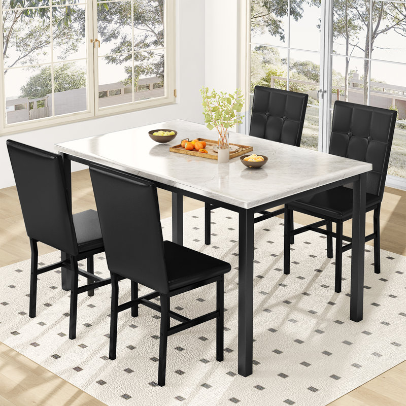 Modern Faux Marble Dining Table Set with Gray Velvet Chairs