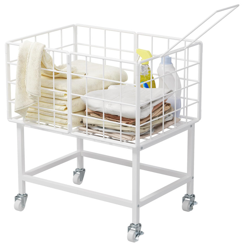 Panier à linge roulant, chariot à linge avec roues en métal, blanc