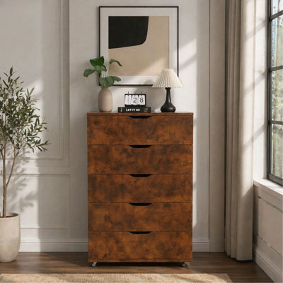 5 Drawer Dresser on Wheels Rustic Brown Rolling Chest of Drawers Mobile Storage Cabinet for Bedroom Closet, Wide Drawer Organizer