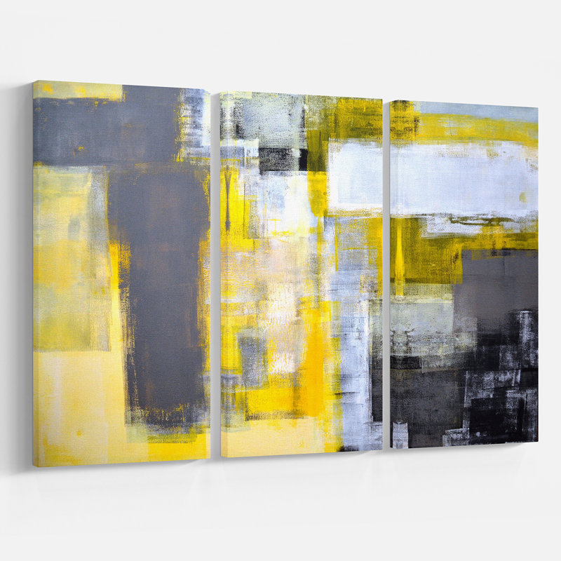 «Gray and Yellow Blur Abstract», ensemble de 3 reproductions d'art sur toiles tendues