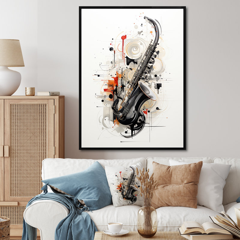 Clarinet Curve Sleek Black sur toile, Cadre flottant noir, H 44 po x l 34 po x P 1,5 po