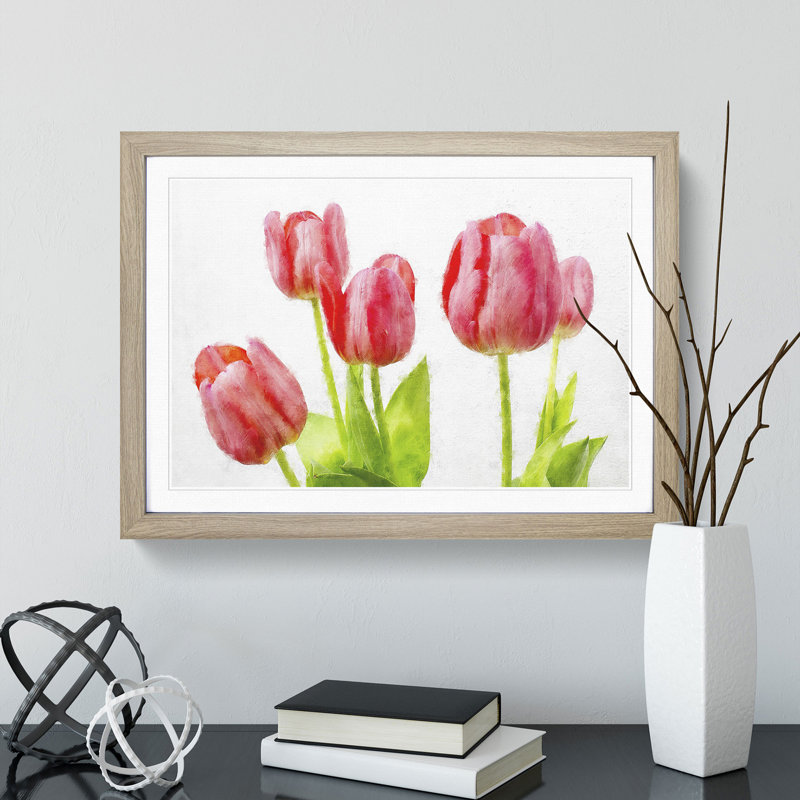 Beautiful Pink Tulips - Single Picture Frame Painting on MDF, Oak, 45cm H x 63cm W x 2cm D