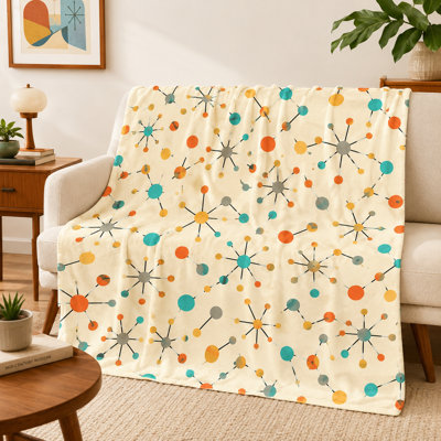 Mid Century Modern Throw Blanket, Abstract Geometric Pattern Flannel Blanket with Colorful Atomic Shapes, Retro Style Lightweight Blanket for Sofa Bed Home Accent, 50 x 60 in