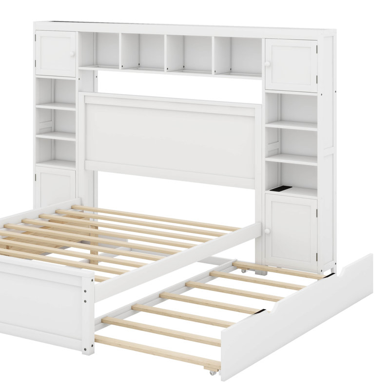 Grand lit en bois avec armoire et lit gigogne, Grand lit, Blanc