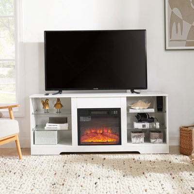 Foyer électrique moderne avec meuble télé avec tablettes en verre, lumières DEL et prise de charge USB, idéal pour améliorer l'expérience visuelle