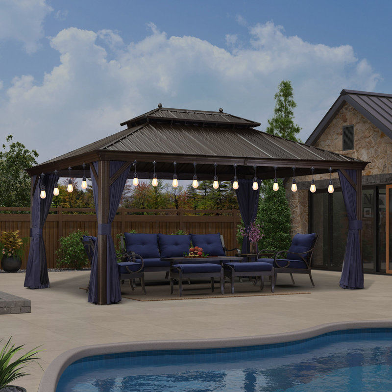 Pavillon de jardin avec toit rigide en aluminium mauve avec lumières de 48 pi, 16 pi x 12 pi