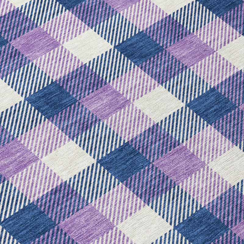Navy and Purple Plaid Synthetic Washable Area Rug