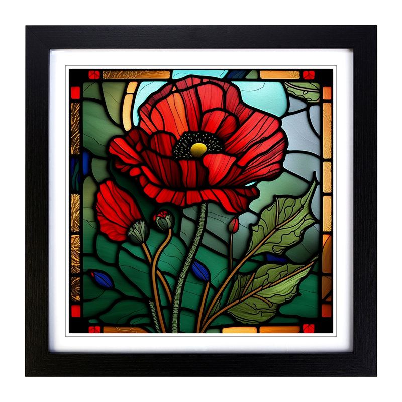 Poppy Flower Stained Glass Effect - Single Picture Frame Print on Wood, Black